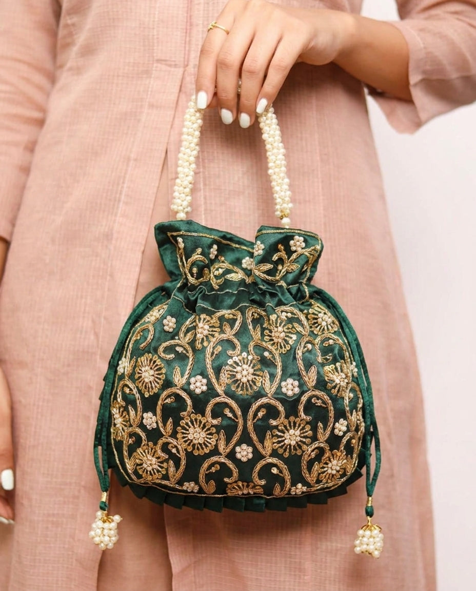 Emerald Green Silk Embroidered Women Potli Bag