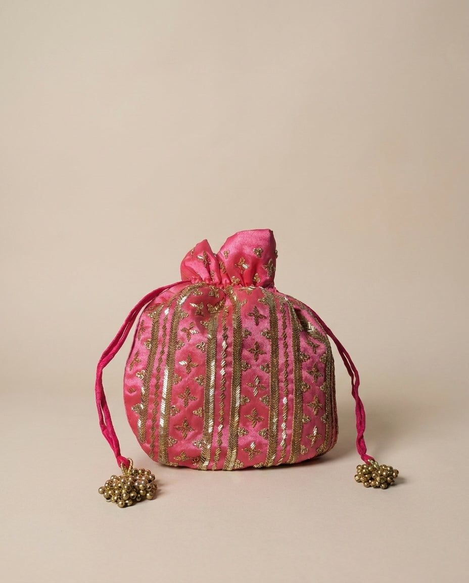 Dark Pink Silk Embroidered Women Potli Bag (With handle)