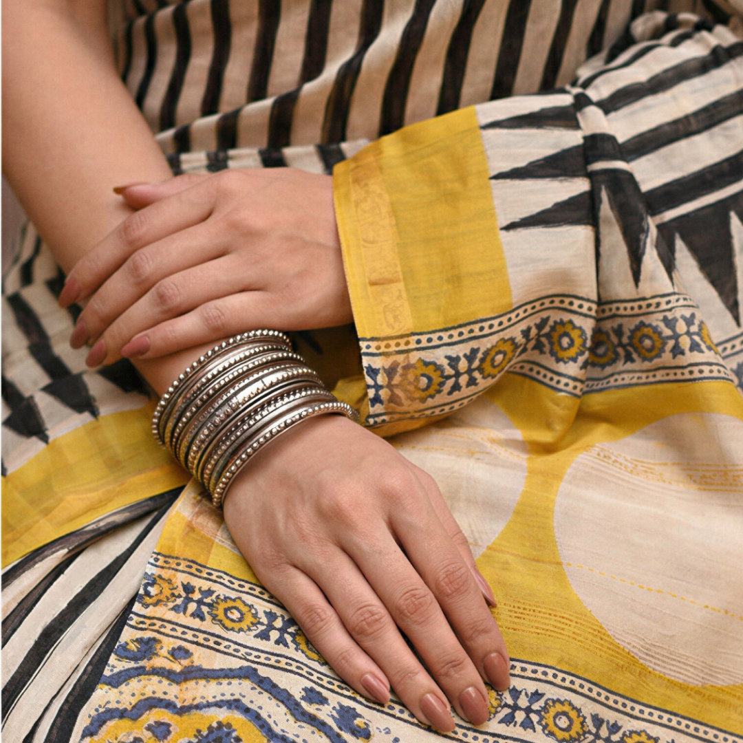 Golden Ivory Noir Hand Block Printed Chanderi Silk Saree with Blouse | Natural Dye Chanderi Saree