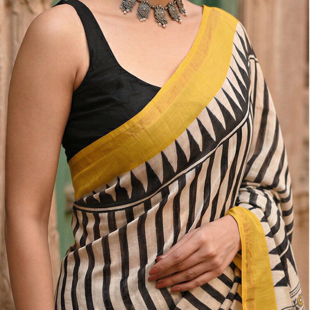 Golden Ivory Noir Hand Block Printed Chanderi Silk Saree with Blouse | Natural Dye Chanderi Saree