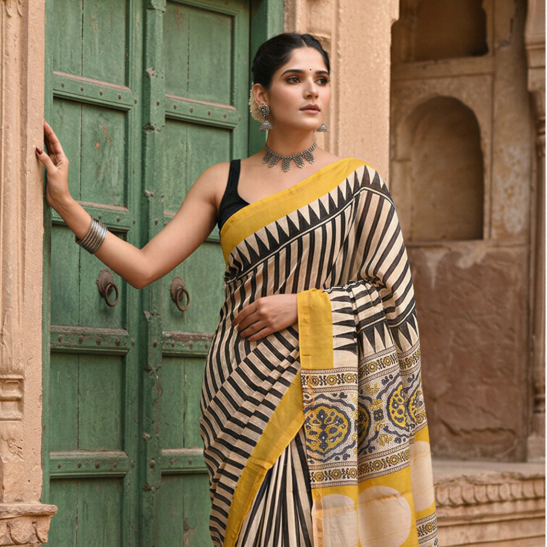 Golden Ivory Noir Hand Block Printed Chanderi Silk Saree with Blouse | Natural Dye Chanderi Saree