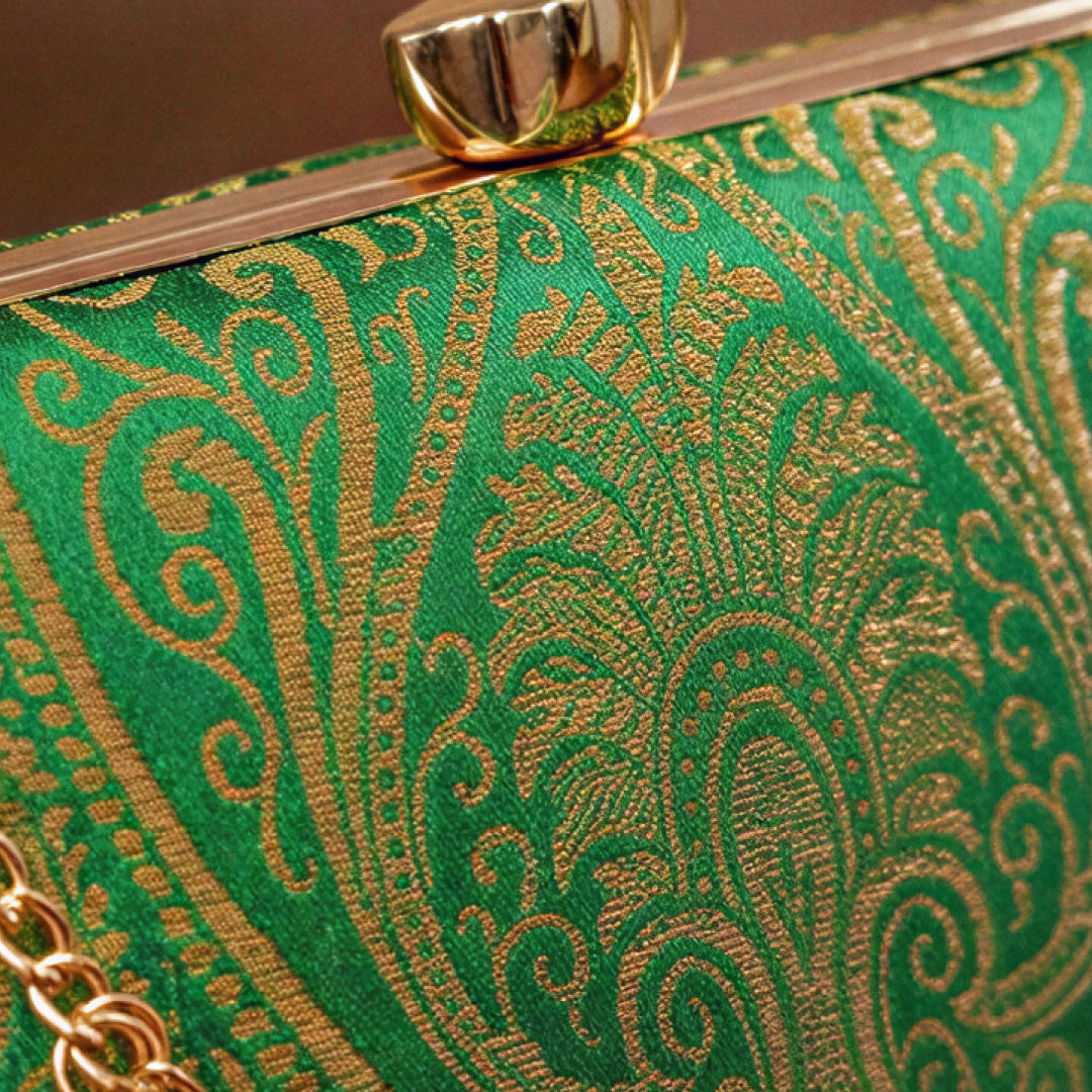 Regal Green Pure Banarasi Brocade 2-in-1 Clutch & Sling Bag with Diamond Top