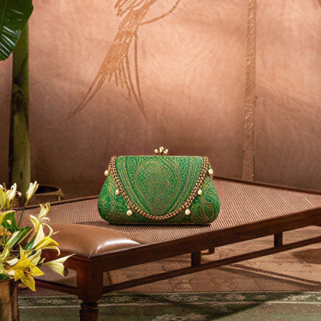 Regal Green Pure Banarasi Brocade 2-in-1 Clutch & Sling Bag with Diamond Top