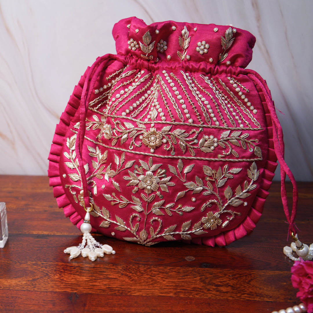 Gulabi Garnet Silk Embroidered Potli Bag (With Handle)