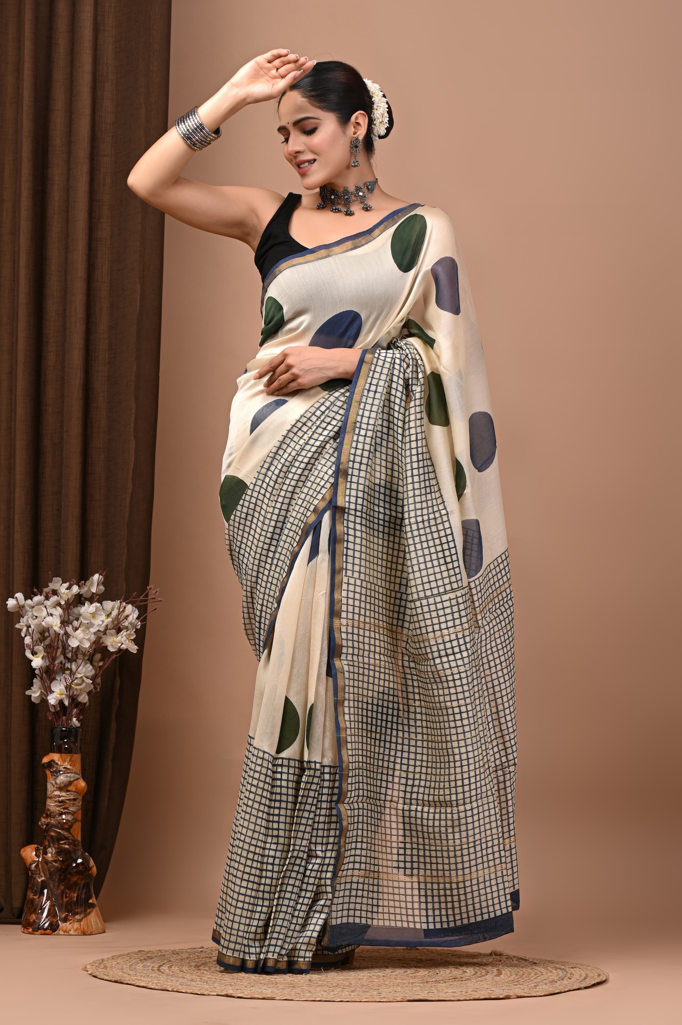 Heritage Cream Hand Block Printed Chanderi Silk Saree with Blouse | Natural Dye Chanderi Saree
