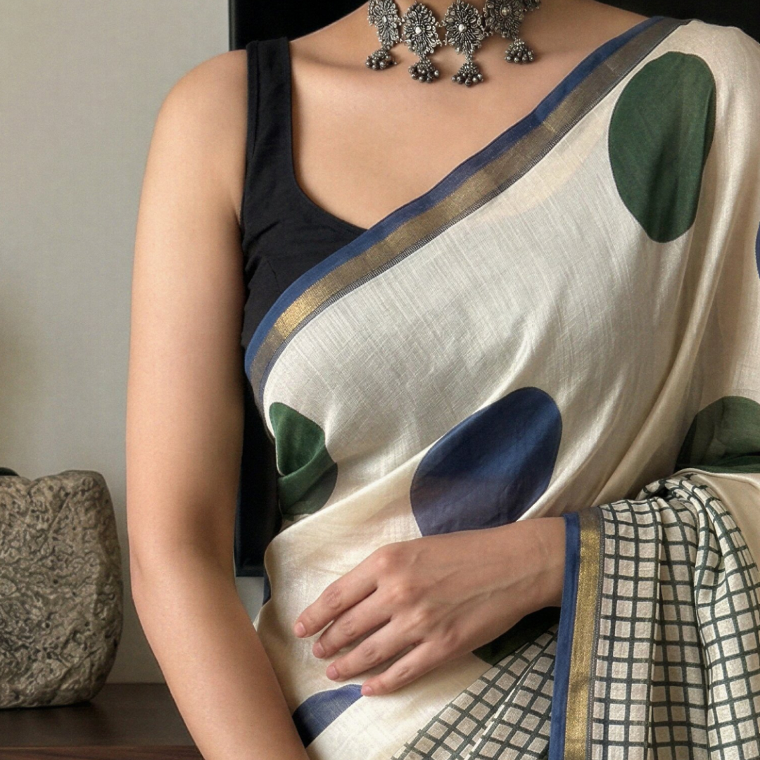 Heritage Cream Hand Block Printed Chanderi Silk Saree with Blouse | Natural Dye Chanderi Saree