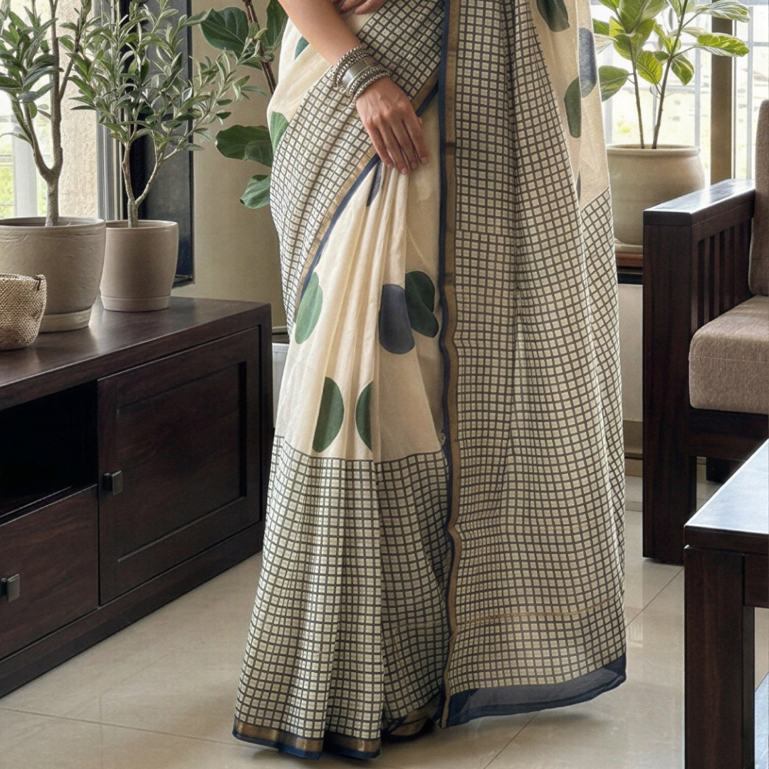 Heritage Cream Hand Block Printed Chanderi Silk Saree with Blouse | Natural Dye Chanderi Saree