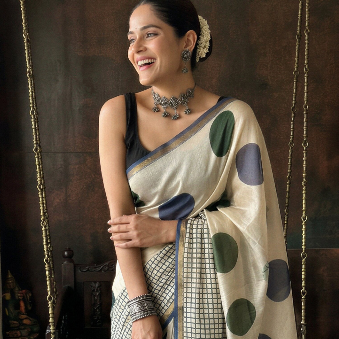 Heritage Cream Hand Block Printed Chanderi Silk Saree with Blouse | Natural Dye Chanderi Saree