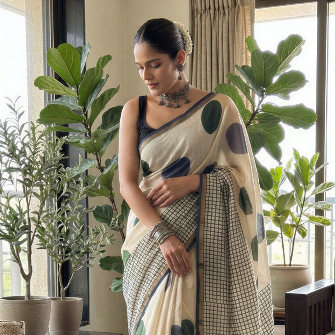 Heritage Cream Hand Block Printed Chanderi Silk Saree with Blouse | Natural Dye Chanderi Saree
