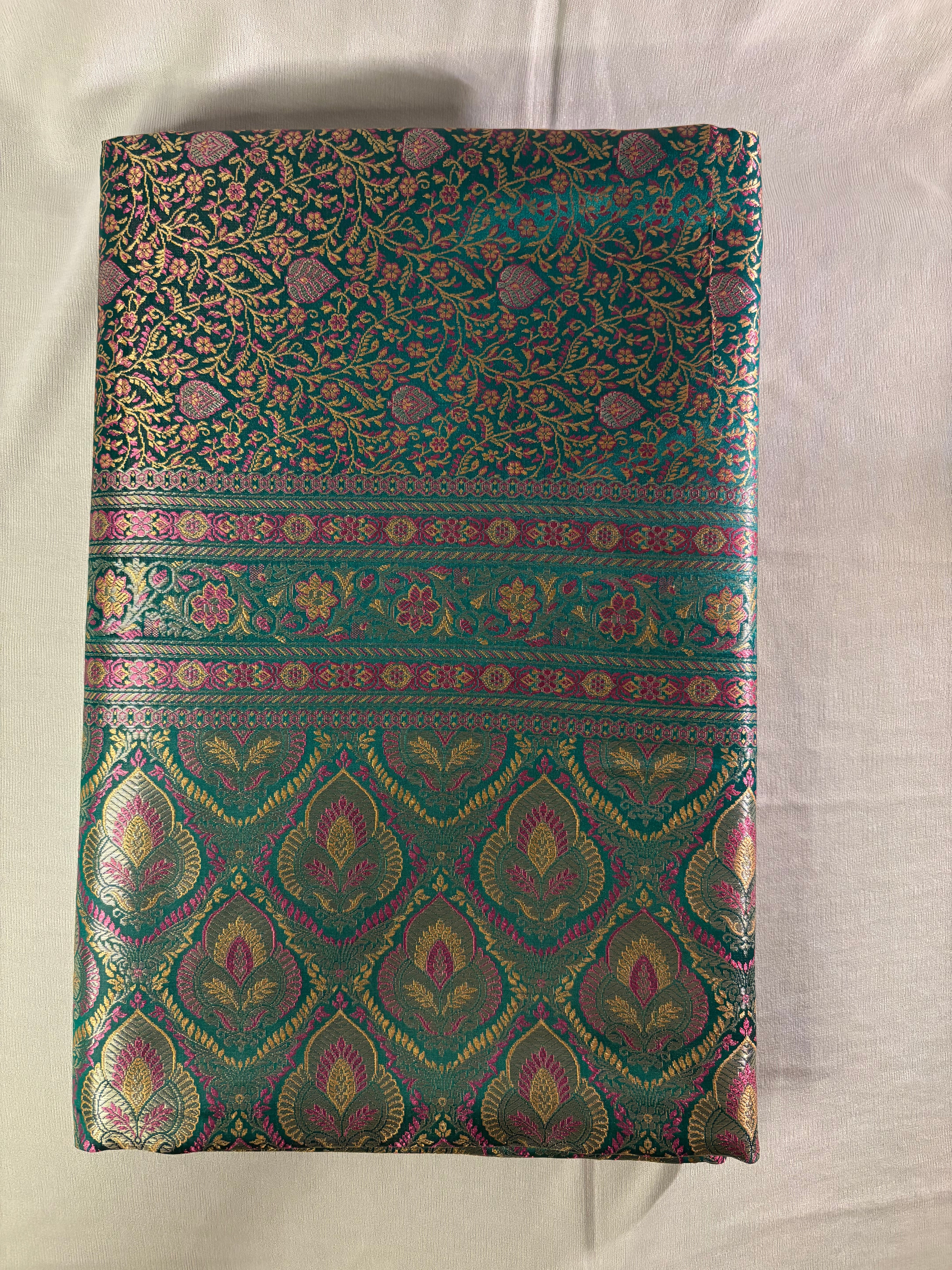 Sea Green Soft Satin Silk Tanchoi Jamawar Banarasi Handloom Saree