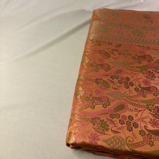 Peach Soft Satin Silk Tanchoi Jamawar Banarasi Handloom Saree