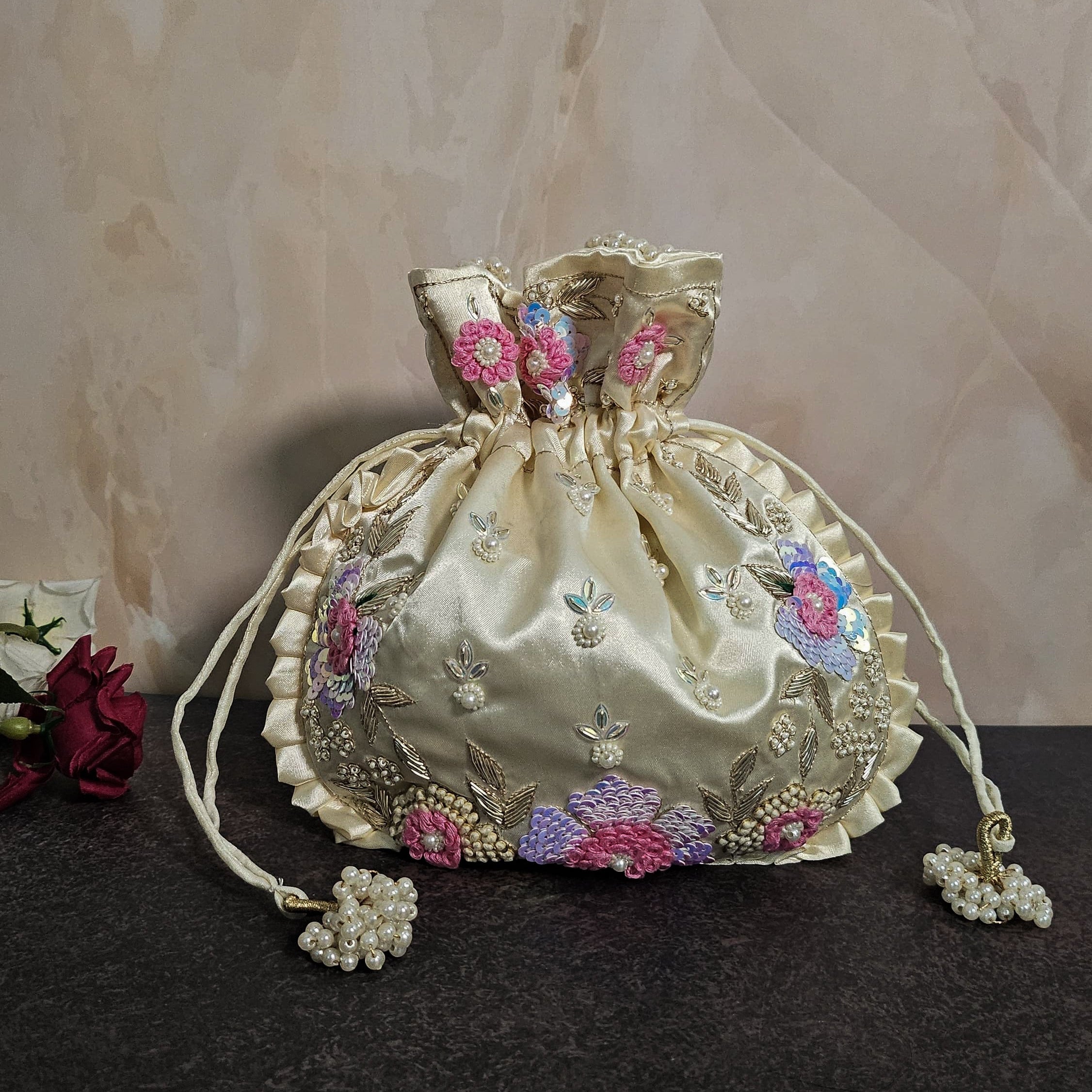 Floral Off-White Silk Embroidered Women Potli Bag
