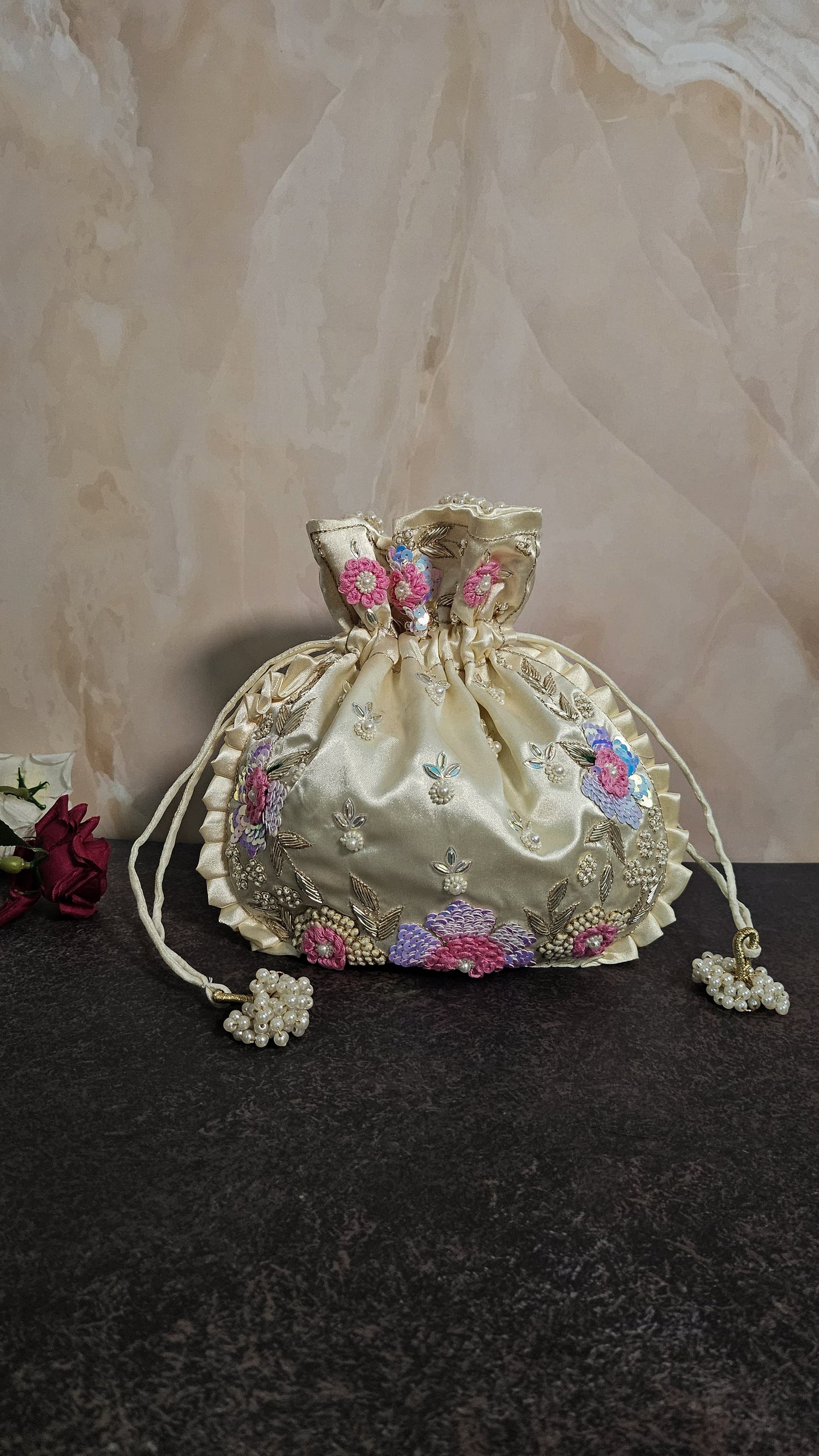 Floral Off-White Silk Embroidered Women Potli Bag