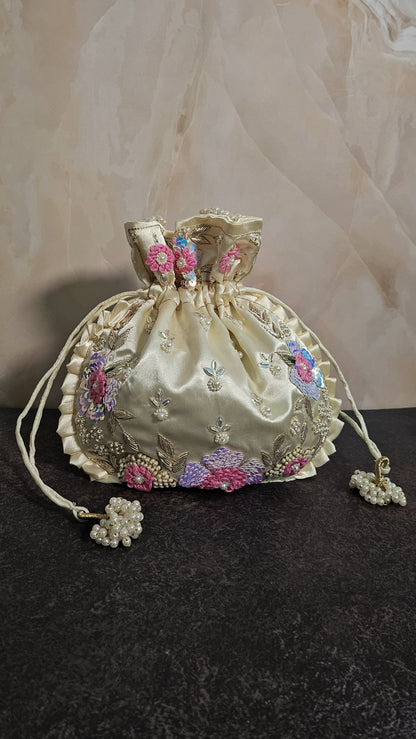 Floral Off-White Silk Embroidered Women Potli Bag