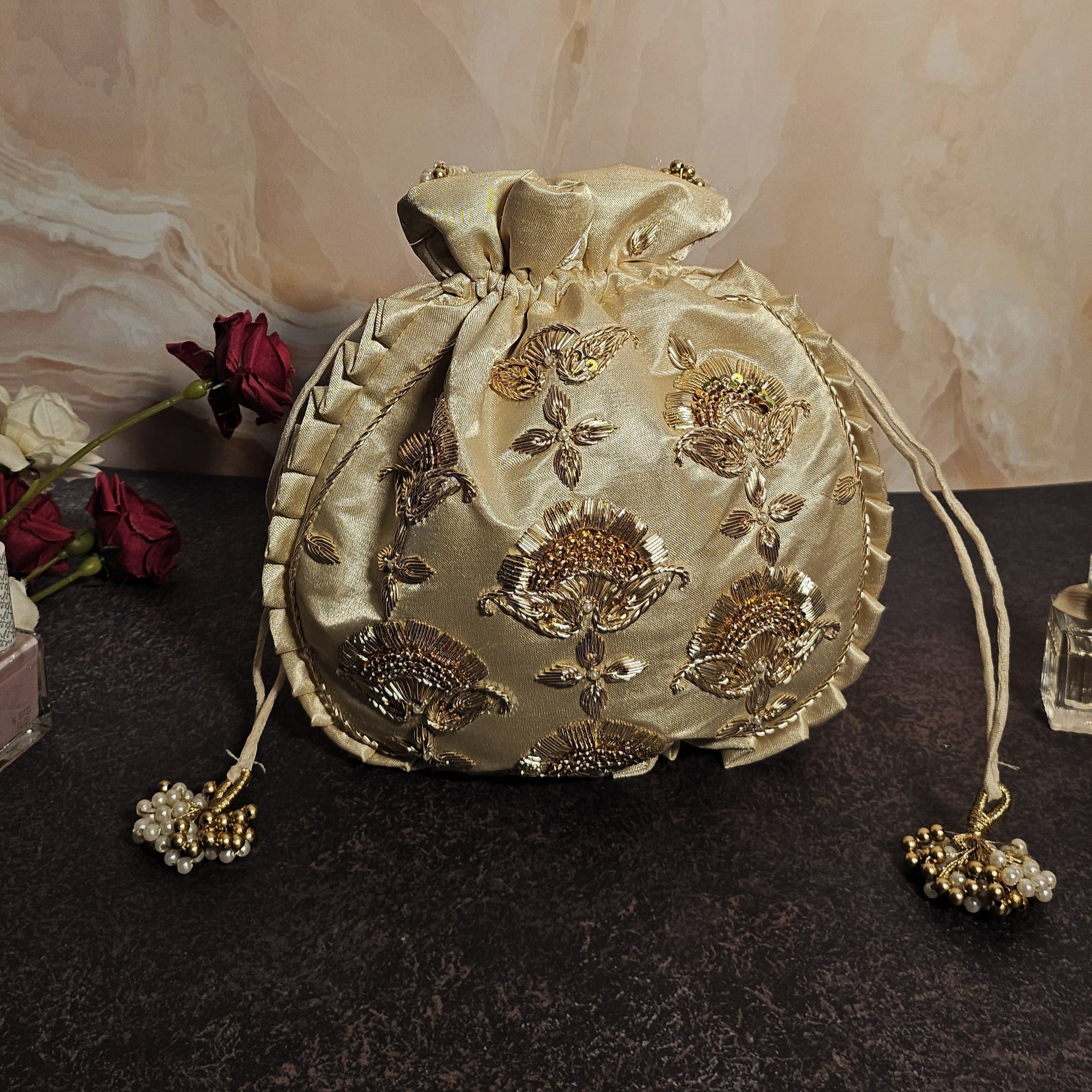 Beige Silk Embroidered Women Potli Bag