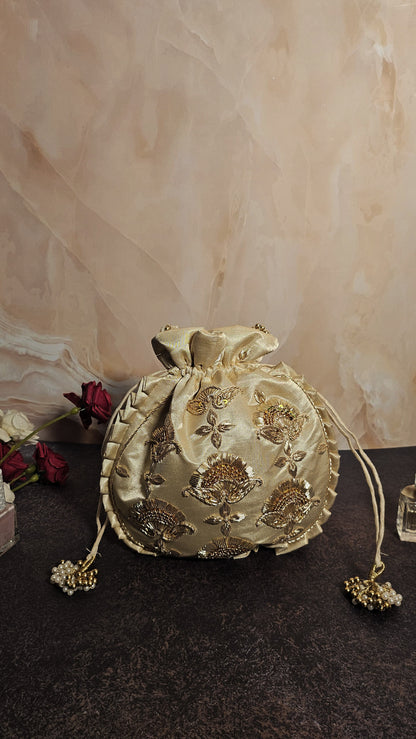 Beige Silk Embroidered Women Potli Bag