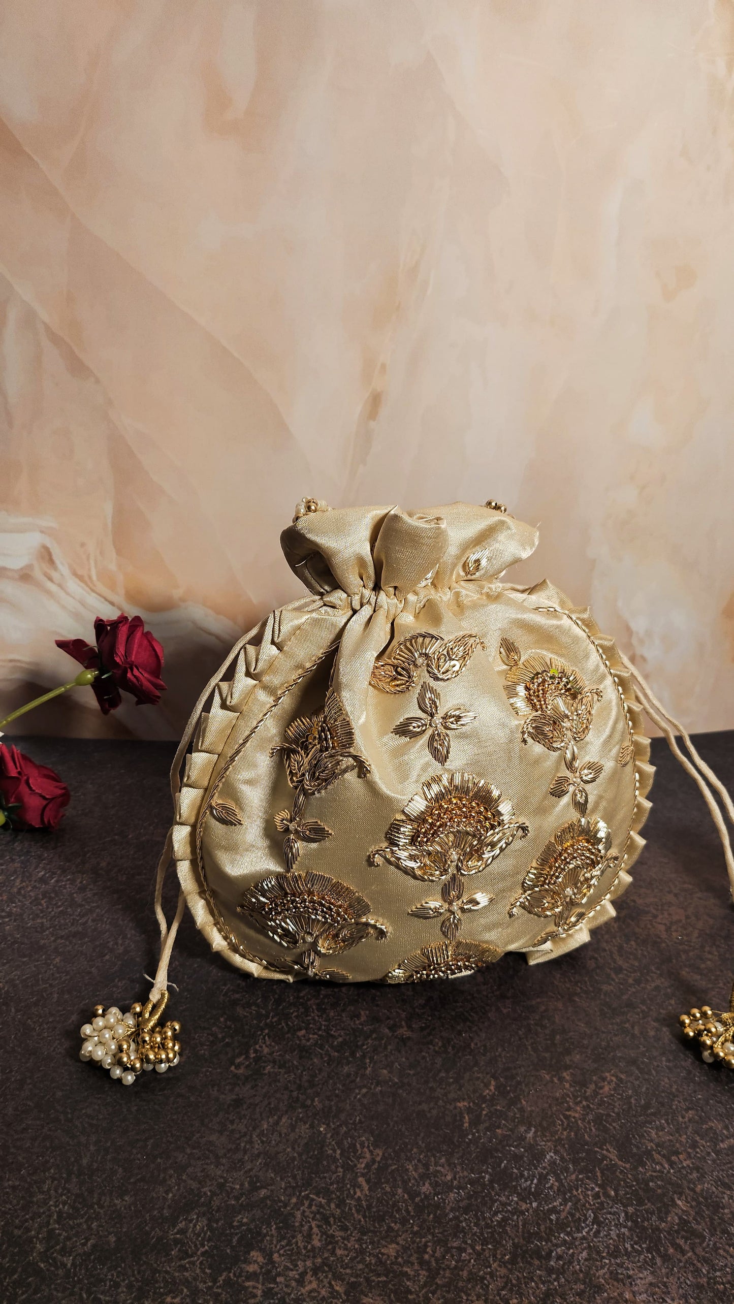 Beige Silk Embroidered Women Potli Bag