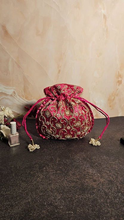 Rosy Pink Silk Embroidered Women Potli Bag