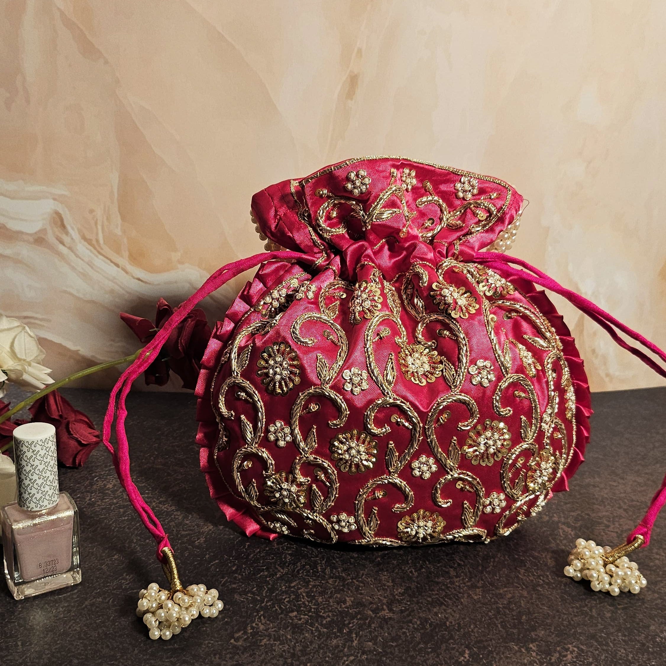 Rosy Pink Silk Embroidered Women Potli Bag