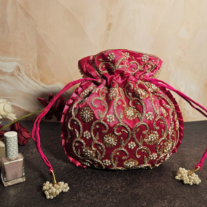Rosy Pink Silk Embroidered Women Potli Bag