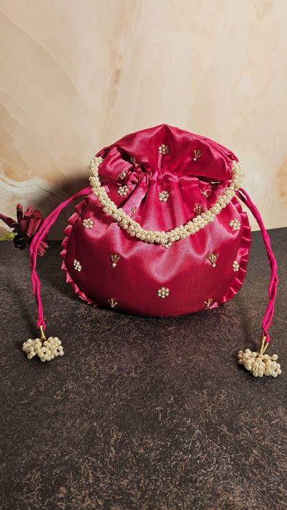 Rosy Pink Silk Embroidered Women Potli Bag