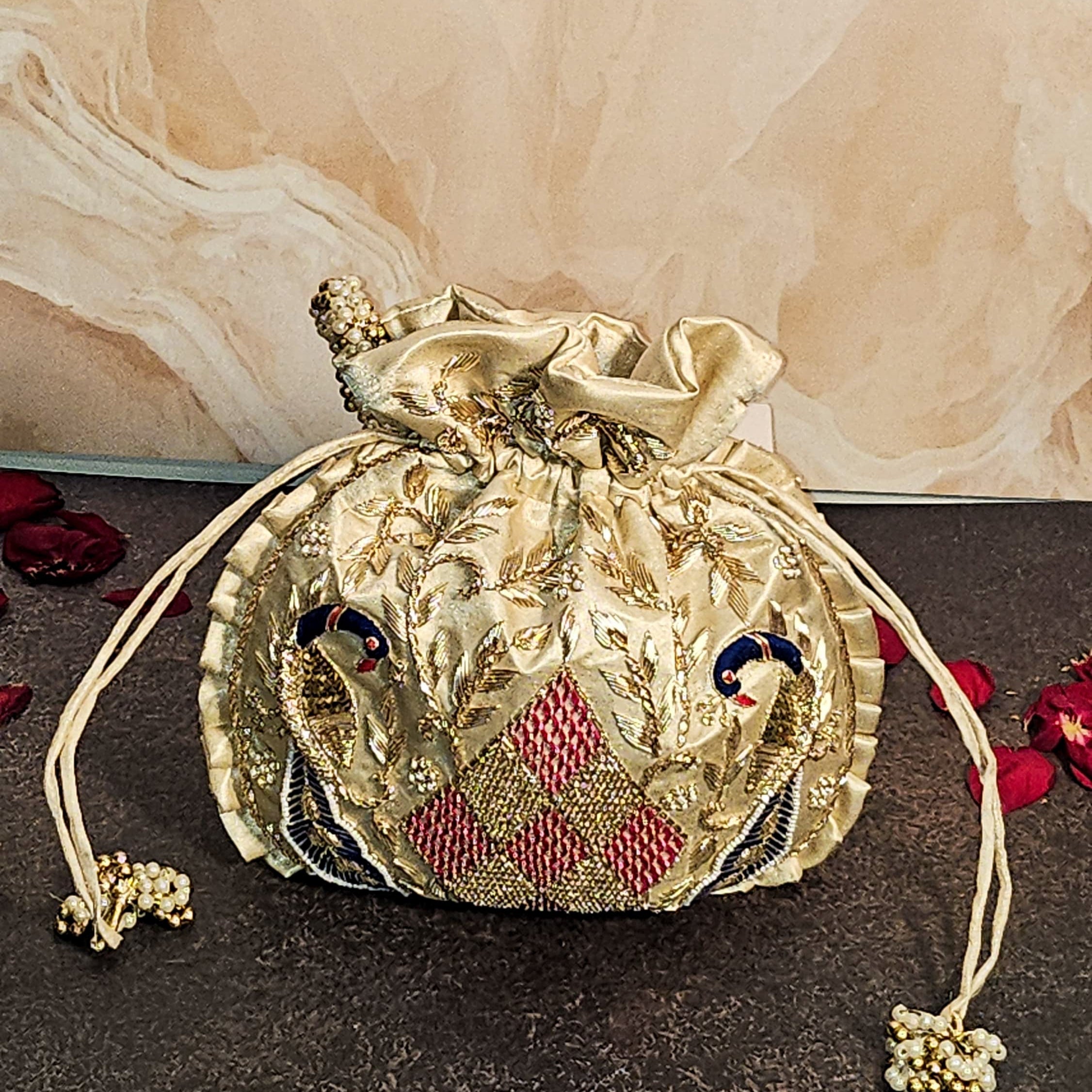 Peacock Off - White Silk Embroidered Women Potli Bag