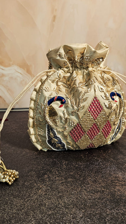 Peacock Off - White Silk Embroidered Women Potli Bag