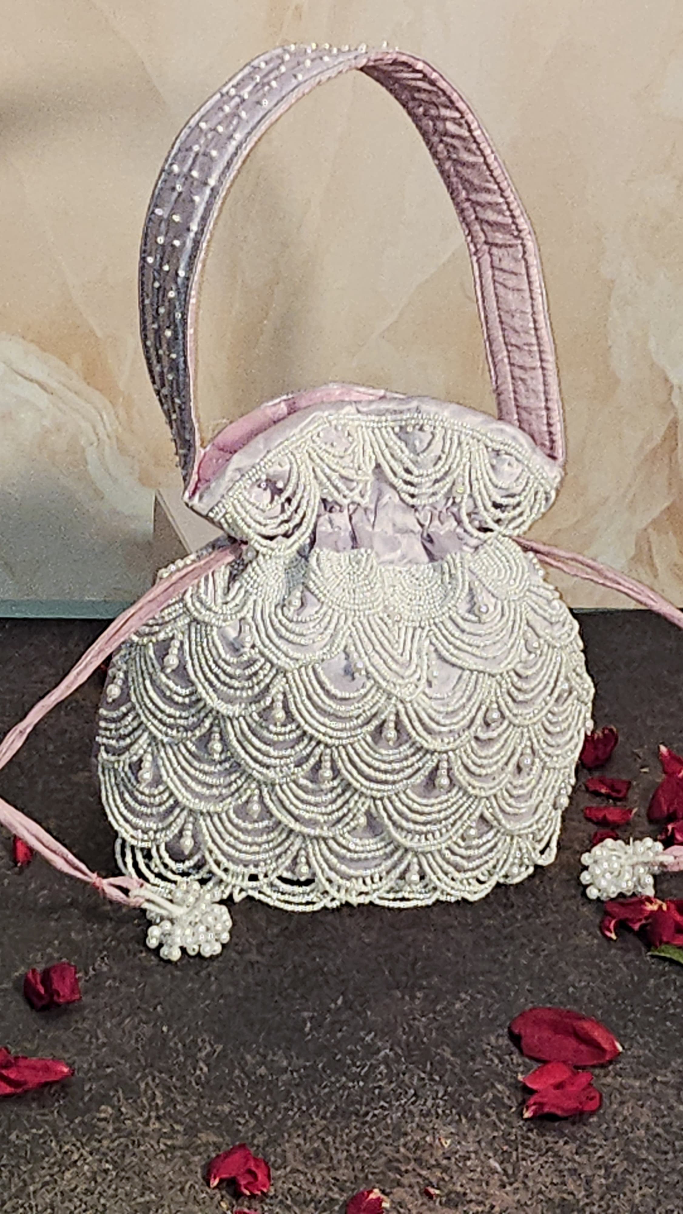 Blush Pink Silk Embroidered Women Potli Bag (With Handle)