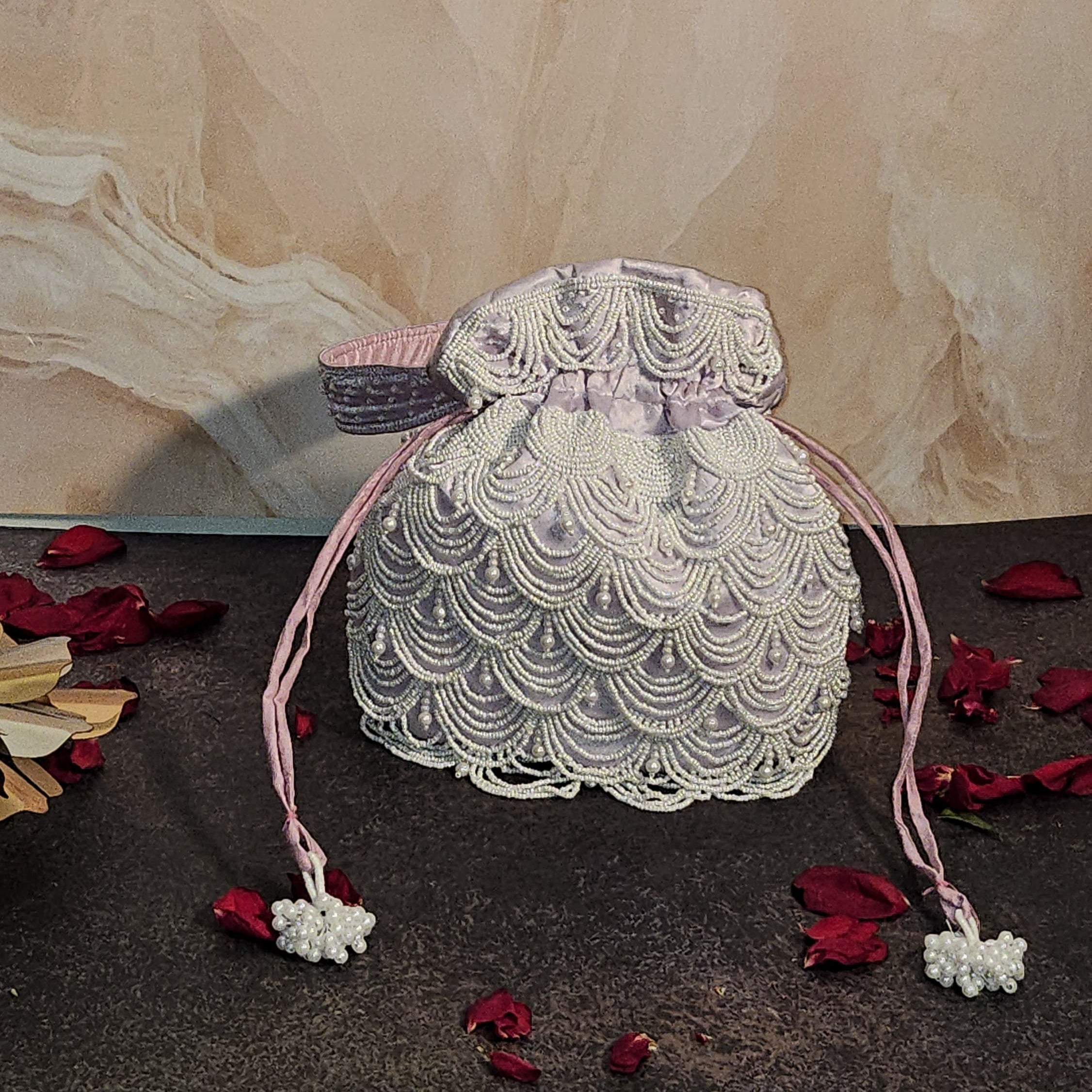 Blush Pink Silk Embroidered Women Potli Bag (With Handle)