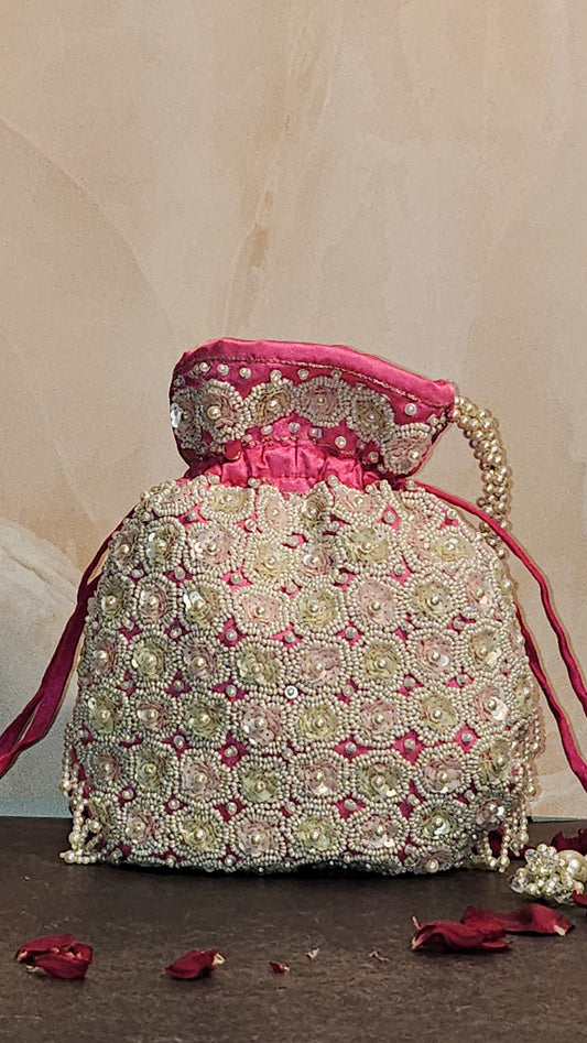 White - Pink Silk Embroidered Women Potli Bag (With Handle)