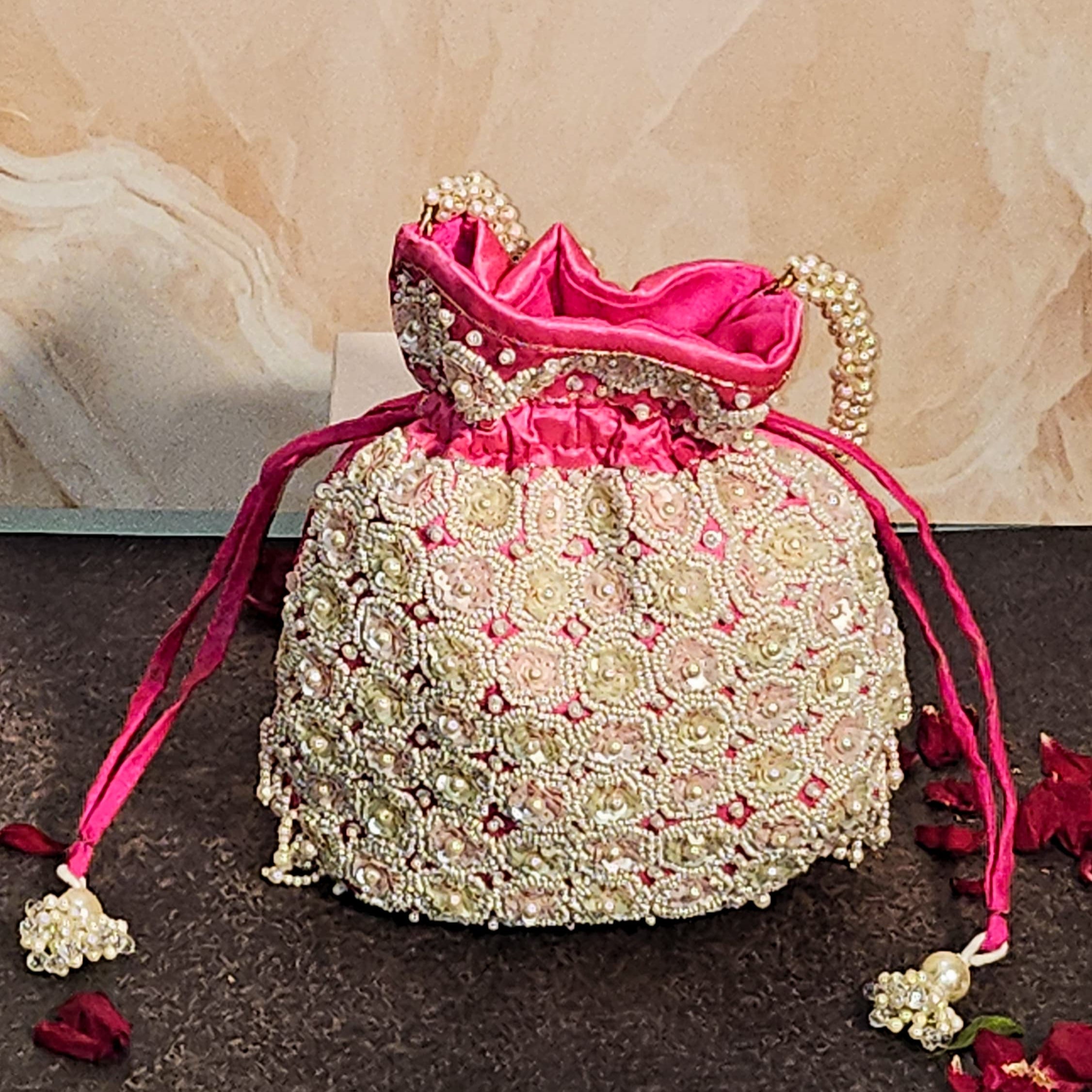 White - Pink Silk Embroidered Women Potli Bag (With Handle)