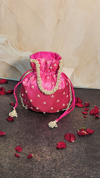 White - Pink Silk Embroidered Women Potli Bag (With Handle)