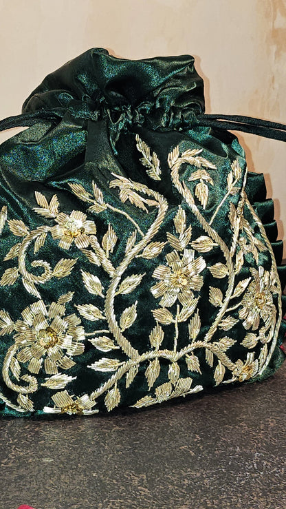 Olive Luxe Silk Embroidered Women Potli Bag