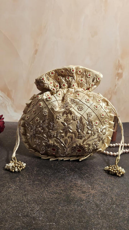 Off - White With Red Silk Embroidered Women Potli Bag