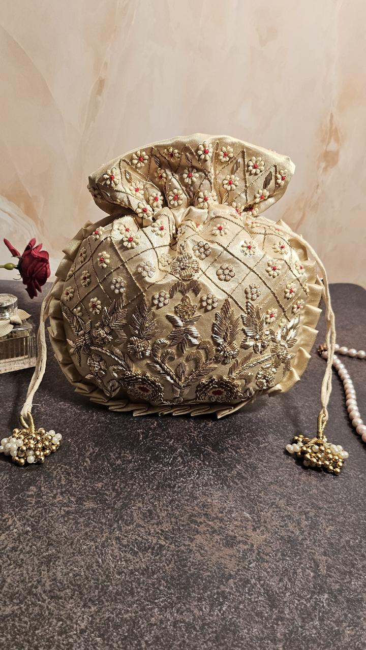 Off - White With Red Silk Embroidered Women Potli Bag