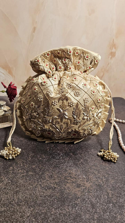 Off - White With Red Silk Embroidered Women Potli Bag