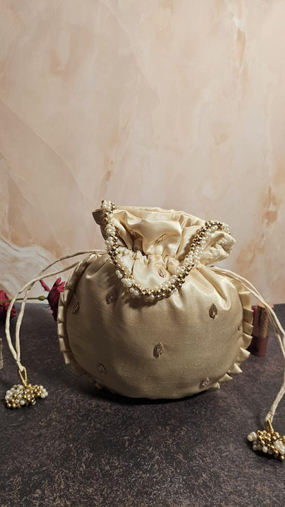 Off - White With Red Silk Embroidered Women Potli Bag