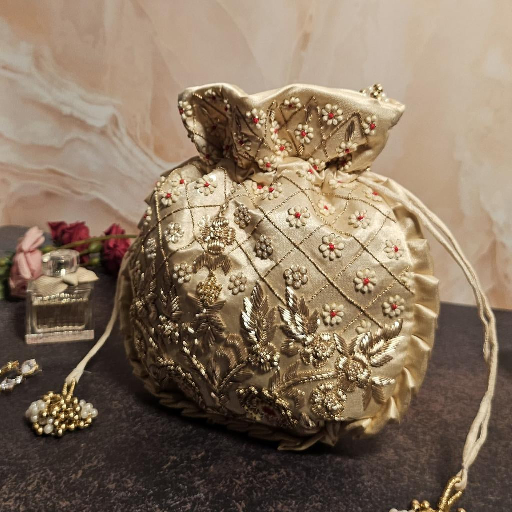 Off - White With Red Silk Embroidered Women Potli Bag