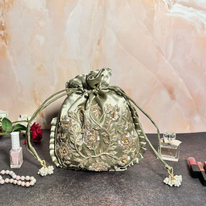 Sage Green Silk Embroidered Women Potli Bag