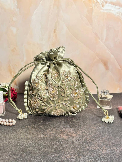 Sage Green Silk Embroidered Women Potli Bag