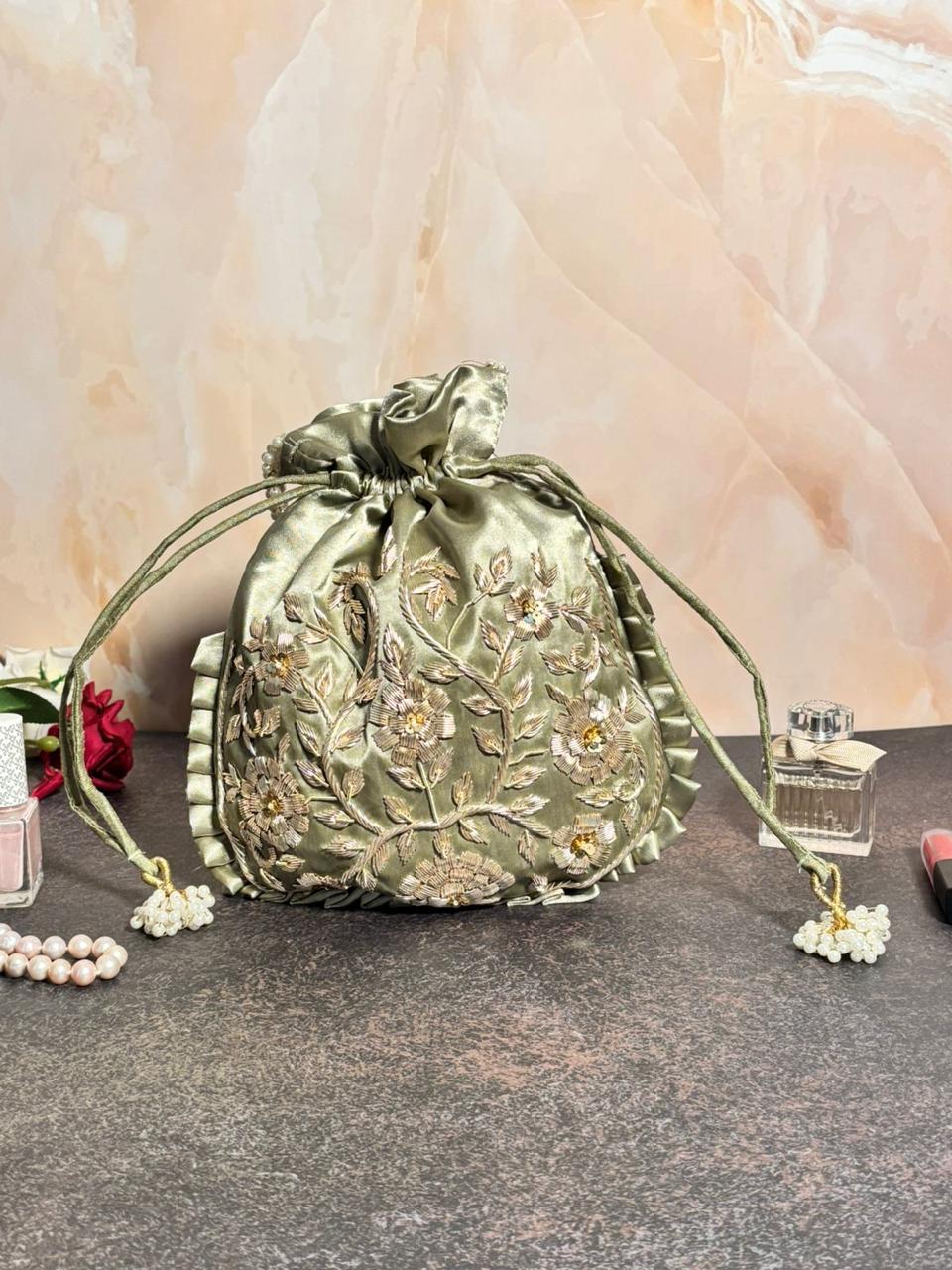 Sage Green Silk Embroidered Women Potli Bag