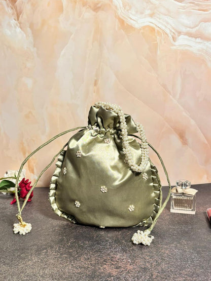 Sage Green Silk Embroidered Women Potli Bag