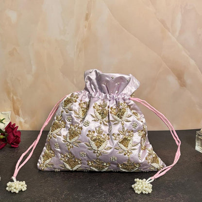 Lavender Purple Silk Embroidered Women Potli Bag
