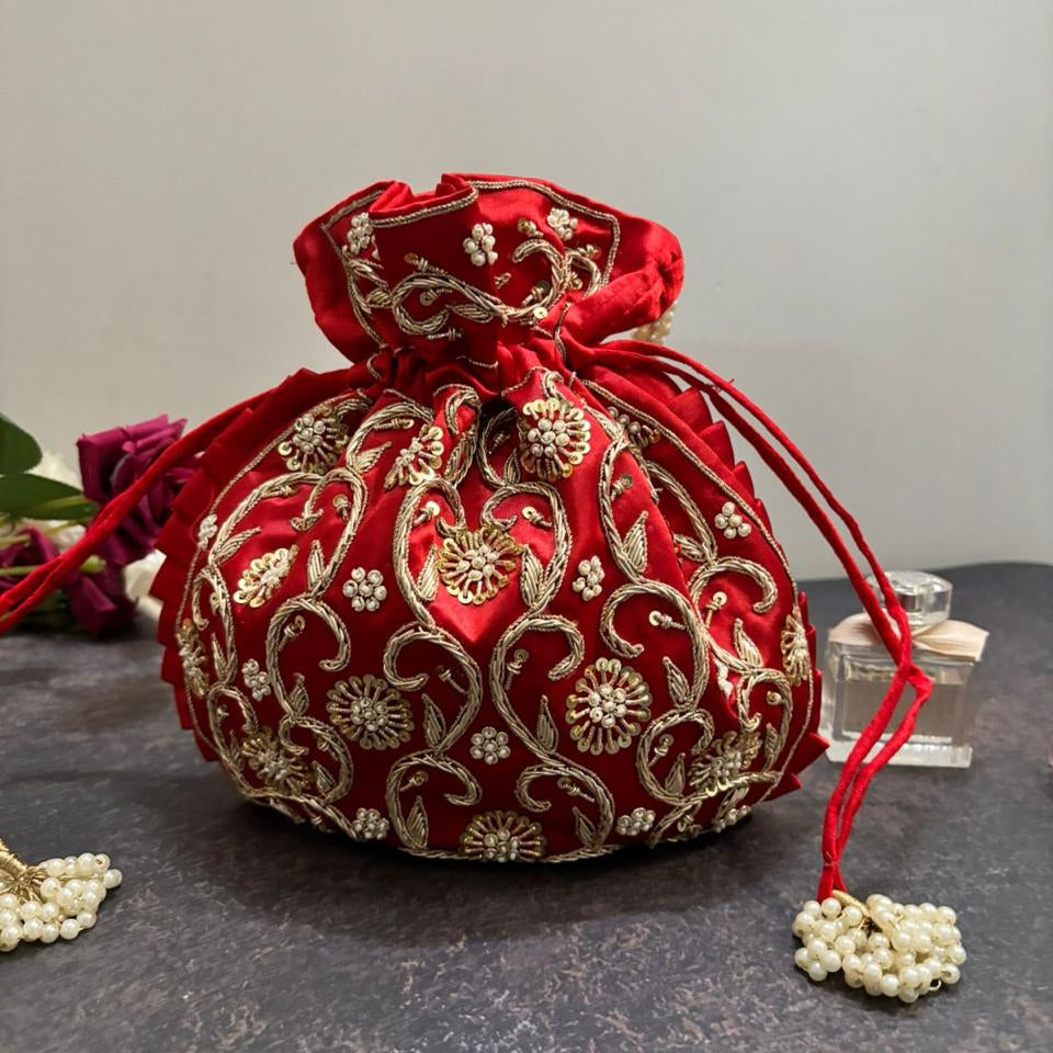 Red Silk Embroidered Women Potli Bag