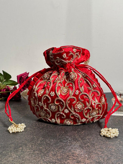 Red Silk Embroidered Women Potli Bag