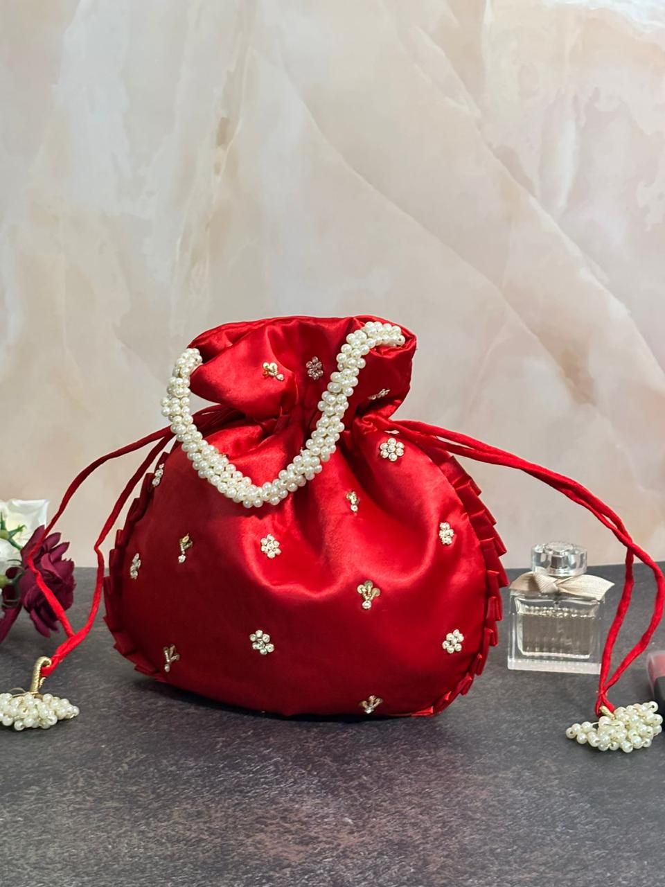 Red Silk Embroidered Women Potli Bag