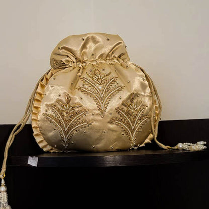 Pearl White Silk Embroidered Women Potli Bag