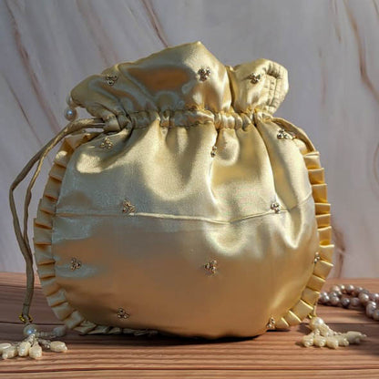 Ivory White Silk Embroidered Women Potli Bag