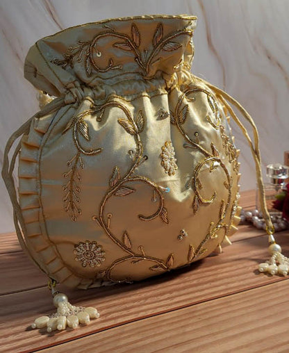 Ivory White Silk Embroidered Women Potli Bag