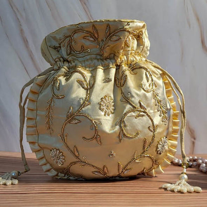 Ivory White Silk Embroidered Women Potli Bag